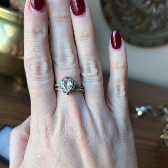 Pandora Sparkling Teardrop Halo 925 ALE Sterling Silver WEDDING Ring Set - Picture 2 of 8